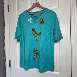 Quacker Factory Parrot Hibiscus Tropical‎ Embroidered Blue Top M Cotton Modal